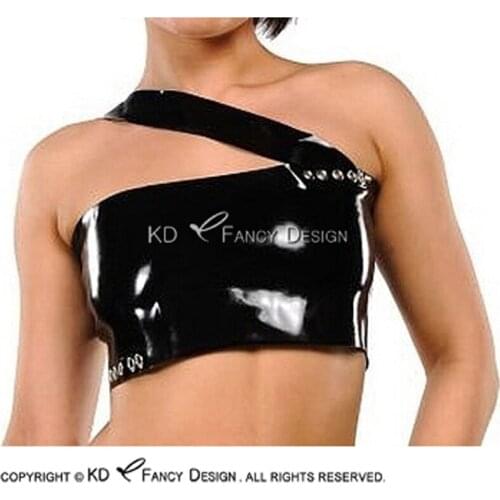 Black Sexy Latex Crop Top With Belts Decoration Collar Rubber Shirt Clothes YF-0167