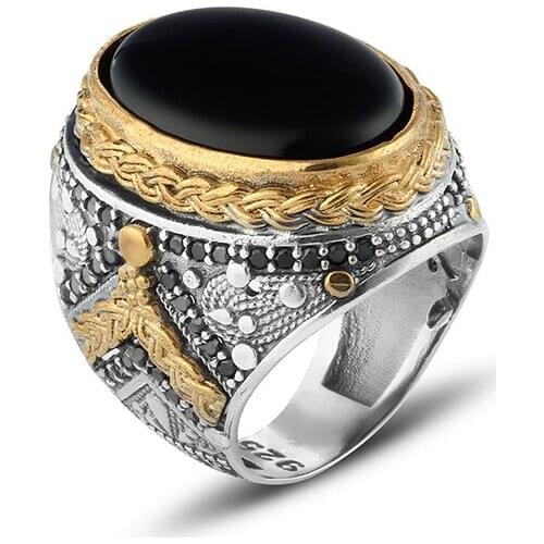 Mens Ring Black Onyx Cubic Zirconia 925 Sterling Silver For Men