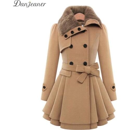 Danjeaner Classic England Style Wool Long Coat Women Plus Size Fur Collar Double Breasted Slim Winter Coat with Belt Thick Coats