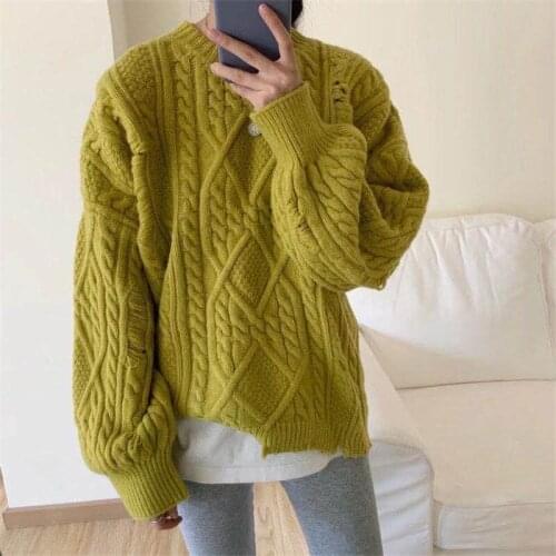 Korean Simple Solid Knitted Twist Arygle All-match Sweater for Ladies Elegant V-neck Oversize Chic Korean Pullover 2020 Winter