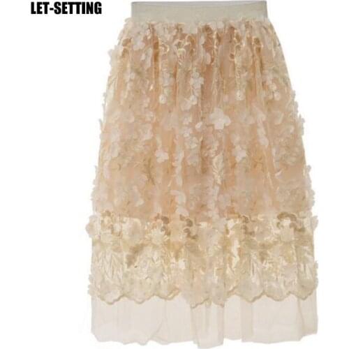 LET-SETTING summer new embroidery three-dimensional flowers net yarn skirt