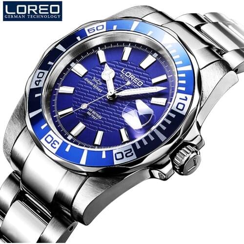 LOREO Waterproof 200m fashion casual men machanical watches stainless steel band silver case luxury automatic watch relogio