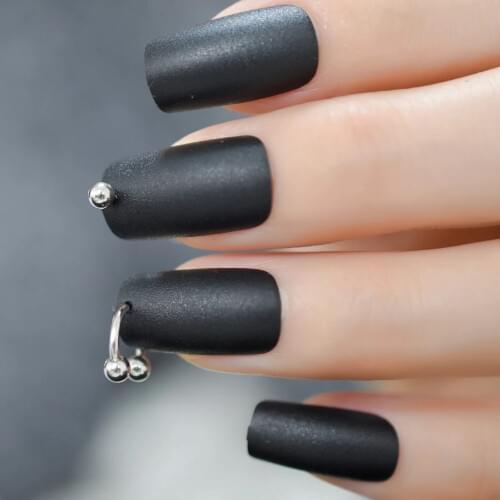 Fashion Punk Style Matte Press on False Nail with Ring Rivet Frosted Acrylic Full Cover Fake Faux Nails with Glue Sticker