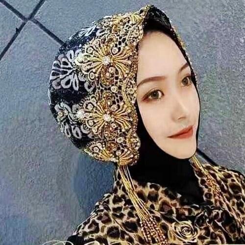 New Muslim beauty Hat beaded millinery hot drilling hat rehabilitation fashion millinery Head wrap for women