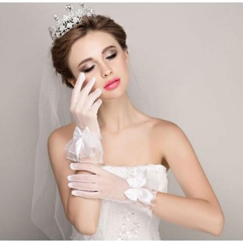 New Bride Gloves Gauze Bow-knot with Fingers Short White Glove Wedding Dress Accessories Photo Props