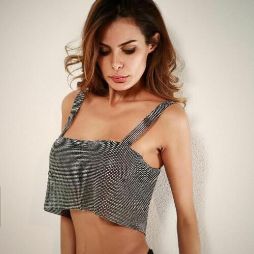 Adjustable Tees Club Women Party Tank Tops Metal Mesh Strap Sheath Draped Spark Diamonds Neck Halter Backless Sexy Pullover 2020