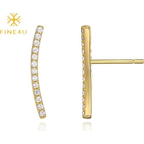 FINE4U E237 Stainless Steel Post Dainty Mini Bar Stud Earrings Cubic Zirconia Crawler Earrings Cuff Studs