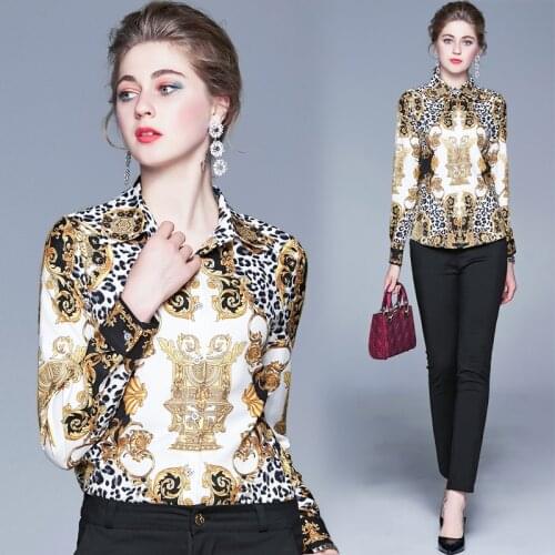 Spring Summer Fall Runway Vintage Baroque Print Collar Button Front Long Sleeve Womens Ladies Party OL Casual Top Shirt Blouse