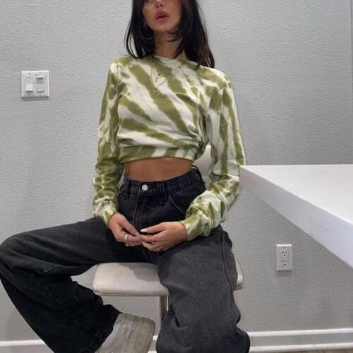 Puloru Women’s Casual Green Tie Dyed Sweatshirts Autumn Streetwear Long-sleeved Round Collar Pullover Tops Stripe Crop Tops