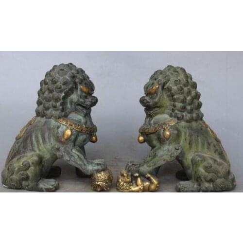 8" Chinese Folk Bronze Gilt Copper Guardian Phylactery Door Lion Pair Statue