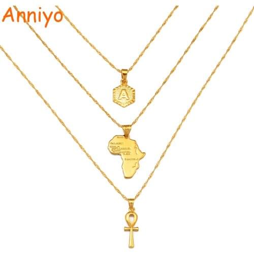 Anniyo 3PCS/A-Z Letters Africa Map Ankh Pendant Neckalces Alphabet Gold Color Initial Jewelry African Cultural Ornaments #243806