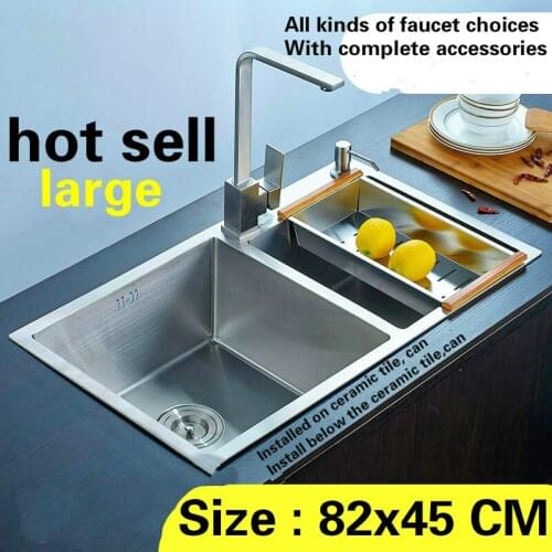 Free shipping large kitchen sink durable double trough 304 stainless steel 3 mm hand made hot sell 82x45 CM