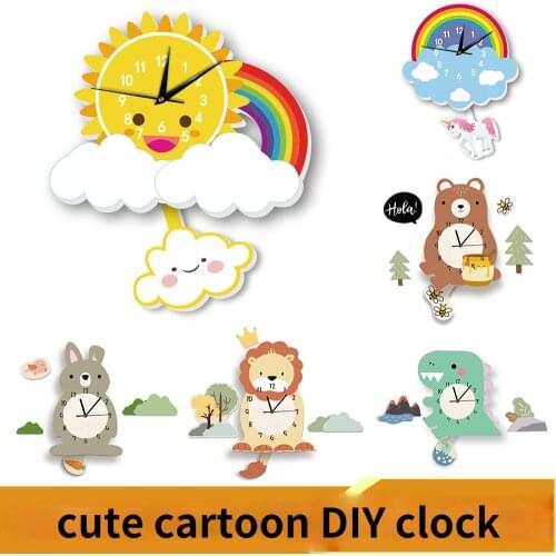 Lovely Cartoon Rainbow Swing Wall Clock Wall Stickers Decorative Creative Pendulum Animal Clock Children Kids Gifts Home Decor