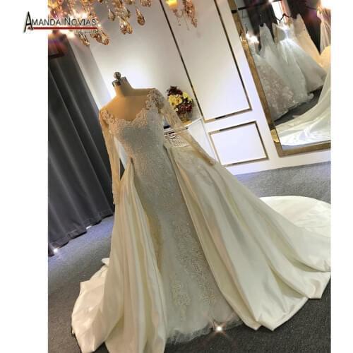 Elegant New Model Long Sleeve Lace Mermaid Wedding Dresses With Removable Train 2022