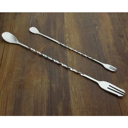 36cm Stainless Steel Cocktail Mixing Spoon Spiral Pattern Bar Cocktail Shaker Spoon with fork