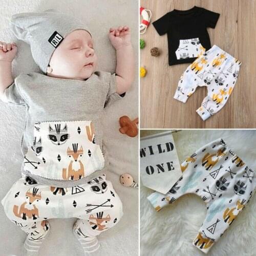 Newborn Toddler Baby Boy Girl Short Sleeve T-shirt Top Casual Kids Cartoon Pants Outfits Clothes 0-24M