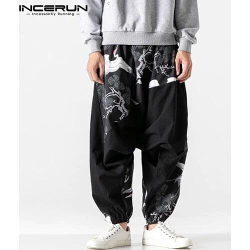 INCERUN 2021 Men Harem Pants Printed Patchwork Streetwear Elastic Waist Joggers Baggy Drop Crotch Trousers Men Casual Pantalon 7