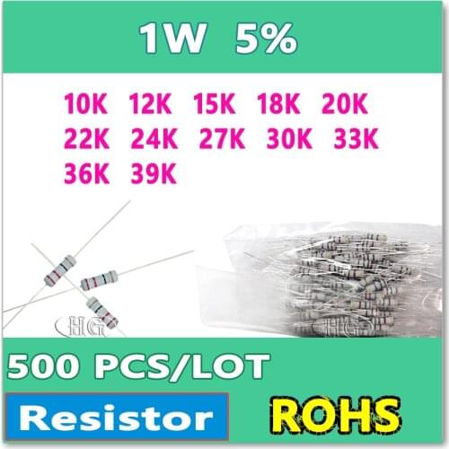 JASNPROSMA 500PCS/LOT 5% 1W 10K 12K 15K 18K 20K 22K 24K 27K 30K 33K 36K 39K carbon film DIP OHM Resistor
