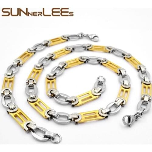 SUNNERLEES Jewelry Stainless Steel Necklace Bracelet Set 10mm Geometric Link Chain Silver Color Gold Plated Men Women SC108 S