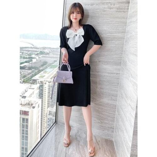High quality Little black dress with contrast bow knitted dress 2021 summer new