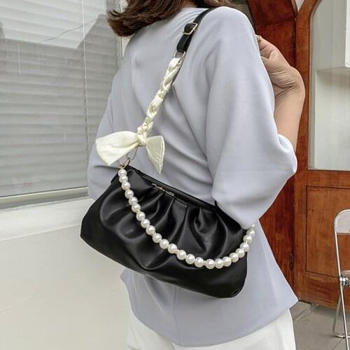 2021 New Pearl Chain Shoulder Bag Fashion Bow Underarm Crossbody Bags For Women Pleated Pu Leather Female Handbags