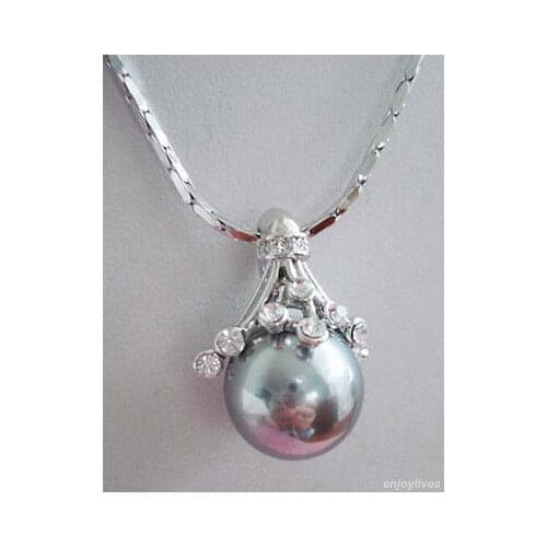 Gray Shell Pearl White Gold Plated Crystal Flower Pendant & Necklace