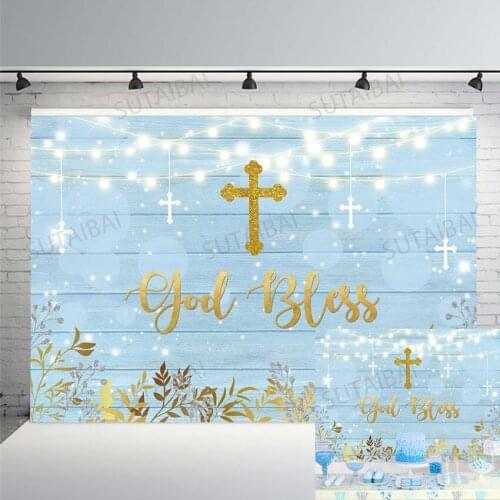 Mi Baptism Party Rustic Blue Wood Backdrop God Bless Gold Leaves Boys First Holy Communion Baby Shower Photography Background