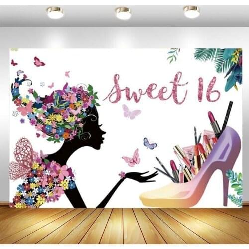 Princess Sweet 16 Birthday Party Backdrop Girls High Heel Lipstick Photo Background Banner Decoration Supplies