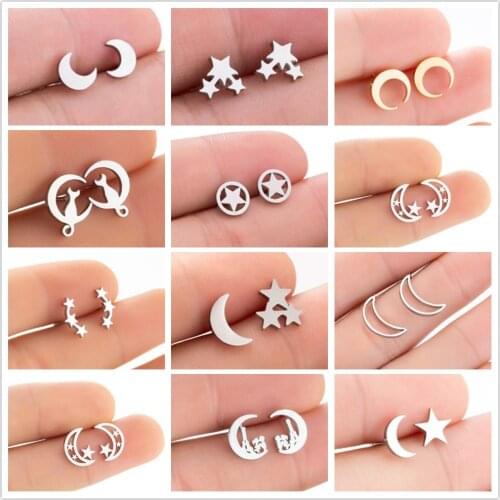 Trendy Stainless Steel Moon Earrings For Women Cute Crescent Ear Studs Stud Earing Penagram Jewelry Gift Orecchini a lobo
