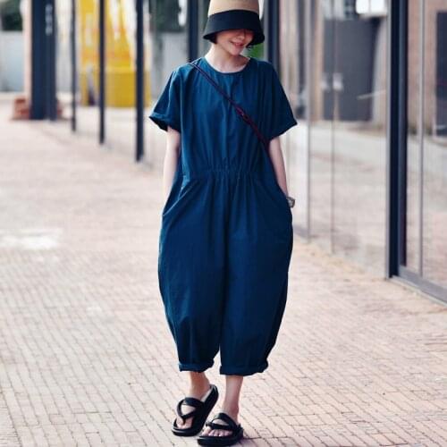 MICOCO K2728C Artistic leisure personality cargo style loose cotton waist round neck short sleeve jumpsuit
