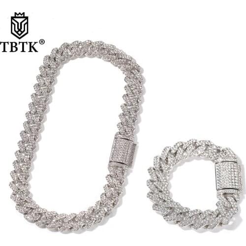 TBTK NE+BA 18mm Zinc Alloy S-Link Mens Miami Cuban Necklace & Bracelet Set Full Bling Iced Rhinestones Hiphop Jewelry