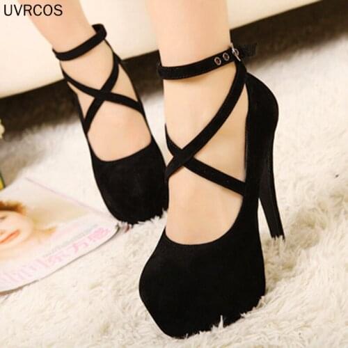 Shoes Woman Pumps Cross-Tied Ankle Strap Wedding Party Shoes Platform Dress Women Shoes High Heels Suede Ladies Shoes Plus Size