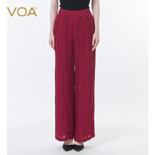 VOA Jacquard Sunset Red Natural Waist Bright Line Edging Three-dimensional Wood Ear Decoration Refreshing Wide-leg Pants KE507