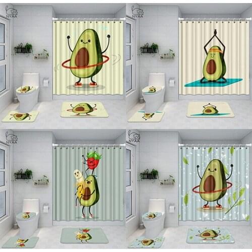 Funny Fitness Workout Avocado Shower Curtain Set Cute Cartoon Exercise Avocado Bathroom Curtains Bath Mat Rug Carpet Gym Decor