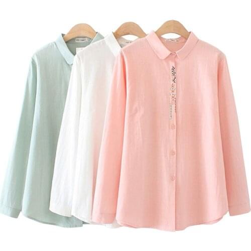 Oversize slubbed cotton shirt women spring summer long sleeve embroidery blouse top plus size 4XL female cozy casual shirts G973
