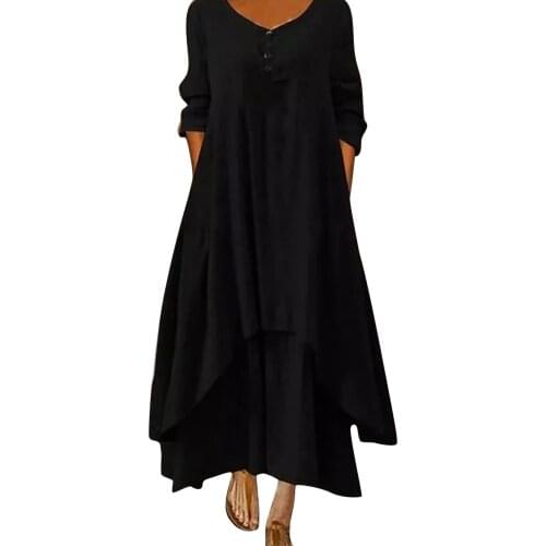 Plus Size Women Dresses Summer 2021 Women Linen O-neck Double Layer Buttoned Loog Asymmetric Maxi Dresses Vestido De Mujer