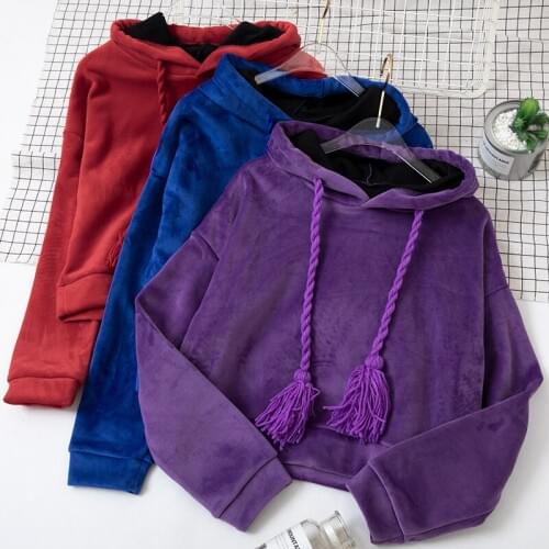 Autumn And Winter Gold Velvet Hooded Loose Thin Short Paragraph Sweet College Wind Pullover Twist Long-sleeved Sweatshirt Women