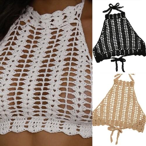 Womens Swimsuit Halter Swimwear Sexy Bathing Suit Top Hand Hook Knit Tie Neck Hollow Bikini Wrap Swim Tops Two Piece Separates