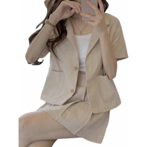 2021 summer new Korean minimalist small suit womens office short sleeve skirt two piece casual apricot black cotton hemp suit