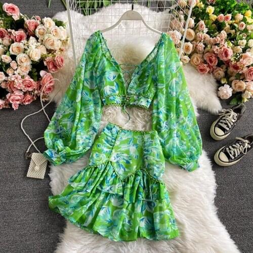 Sexy Chiffon Vacation Beach Two Piece Set Women Summer Long Sleeve Short Tops + Ruffle Mini Skirt Female Printed Chic Suit
