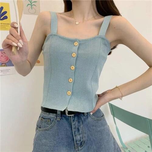 Women Camis Knitted Pullover Tank Tops Button Up Spaghetti Strap 2021 Summer New Fashion Sleeveless Slim Sexy Elastic Crop Top