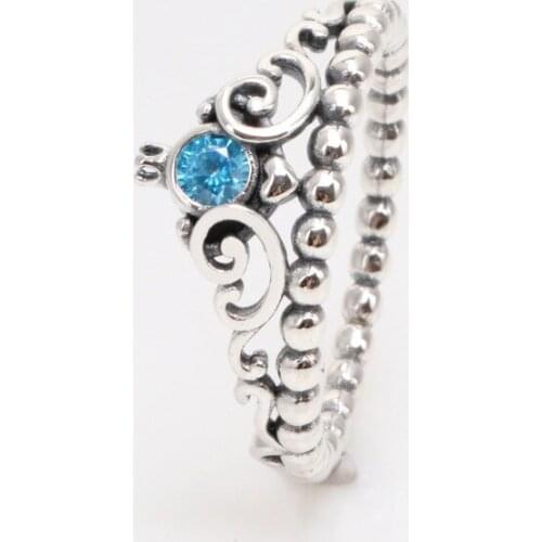 Bewill Authentic 925 Sterling Silver Cinderella blue crown ring For Women Original Jewelry