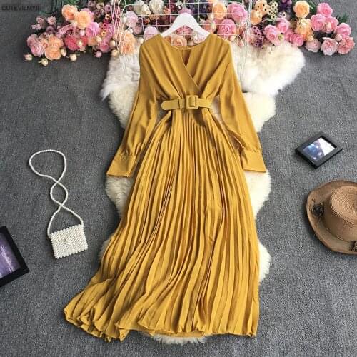 Chic Korea Women Fashion V Neck Long Sleeve Girls Long Max Robes 2021 Fall Autumn Elegant Office Lady Solid Belt Shirt Dress