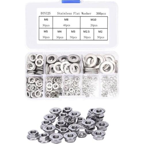 2 Set Accessories:1 Set Flat Washers Sealing Ring Washers Assortment Set 8 Sizes & 1 Set Serrated Flange Metric Hex Lock Nuts M6