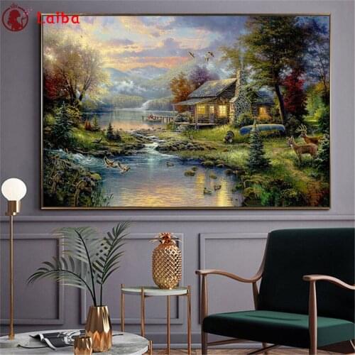 Diamond Embroidery Natural scenery, rural riverside cottage Sale Gift Handicraft Diamond Painting Cross Stitch Home Decoration