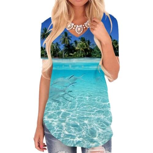 Giyu Brand Fish T Shirt Women Animal Funny T shirts Ocean Tshirts Printed Coconut Tree V-neck Tshirt Womens Clothing Punk Rock