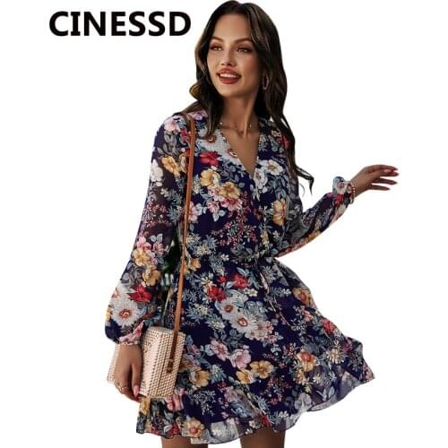 CINESSD 2021 Floral Printed Chiffon Dress Navy Blue Women Sexy V Neck Long Sleeves Spring Summer Boho Casual Mini Short Dresses