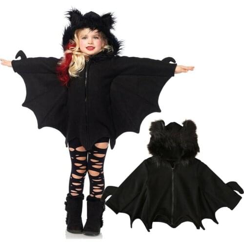 Unisex Kids Halloween Christmas Cosplay Costume Hooded Bat Tops Baby Child Long Sleeve Black Zipper Coat Jacket For Boys Girls
