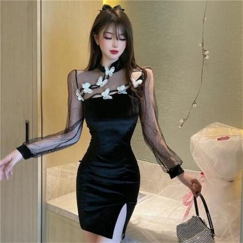 French Modern Black Skirt New Butterfly Cheongsam Spring Sexy Mesh Stitching Qipao Vestidos Slim Velvet Evening Party Dress