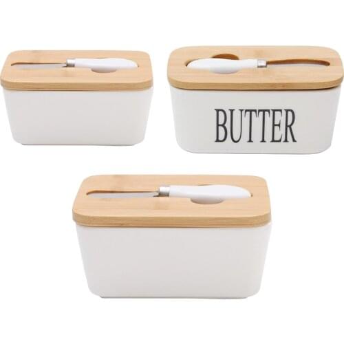 Butter Dish Ceramic Butter Container Keeper with Wooden Lid and Steel Knife, Eay to Clean, 2 Sizes Available to Choose
